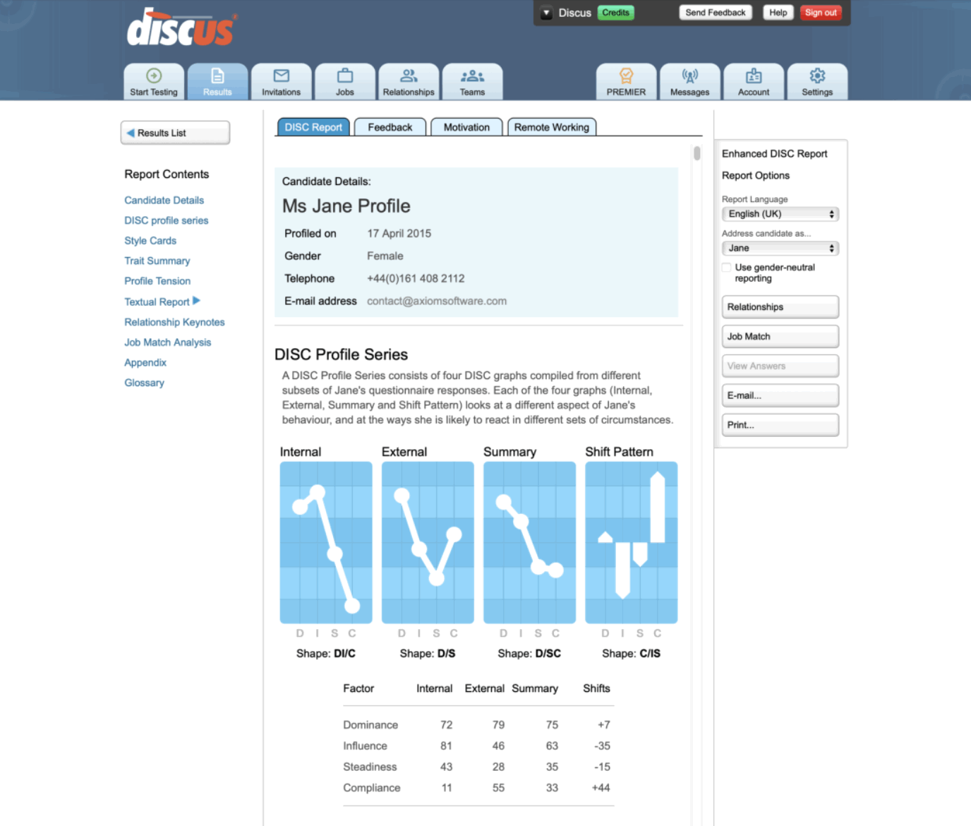 Screenshot showing a DISC report, beginning with DISC profile graph series