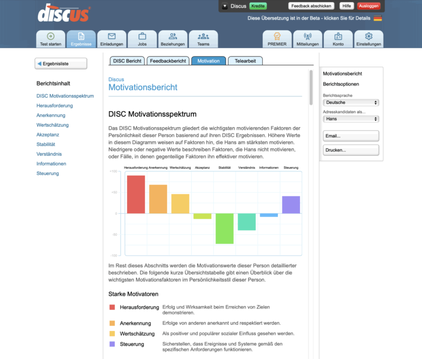 Screenshot, der die DISC-Persönlichkeitsfaktoren zeigt, aus denen sich ein Motivationsspektrum-Bericht zusammensetzt