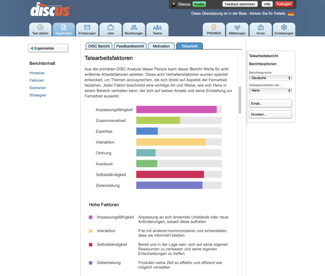 Screenshot, der eine DISC-Profilanalyse für Telearbeit, Remote- und Heimarbeit zeigt