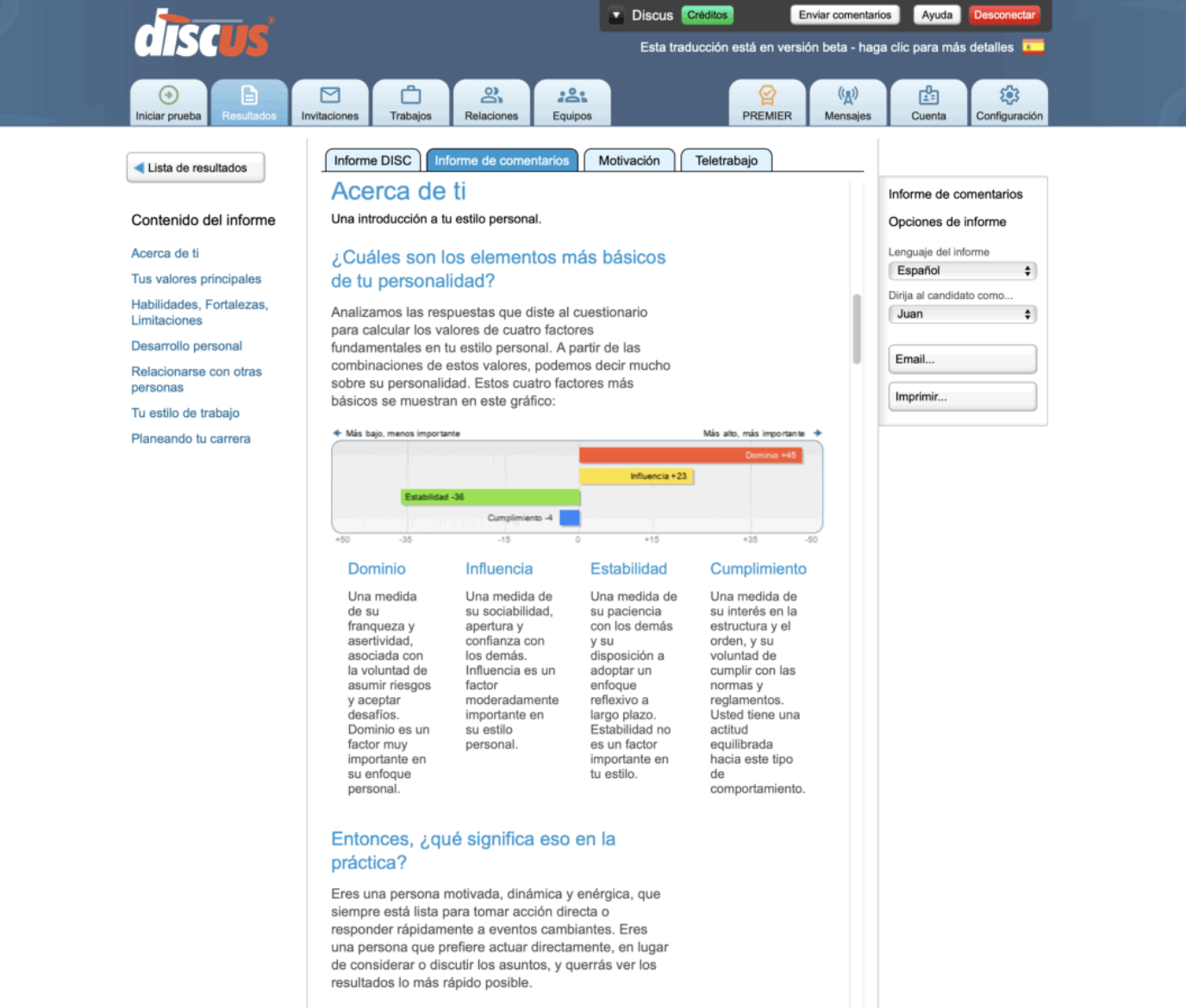 Captura de pantalla que muestra un informe de comentarios DISC creado para brindarle al candidato comentarios sobre sus propios resultados DISC.