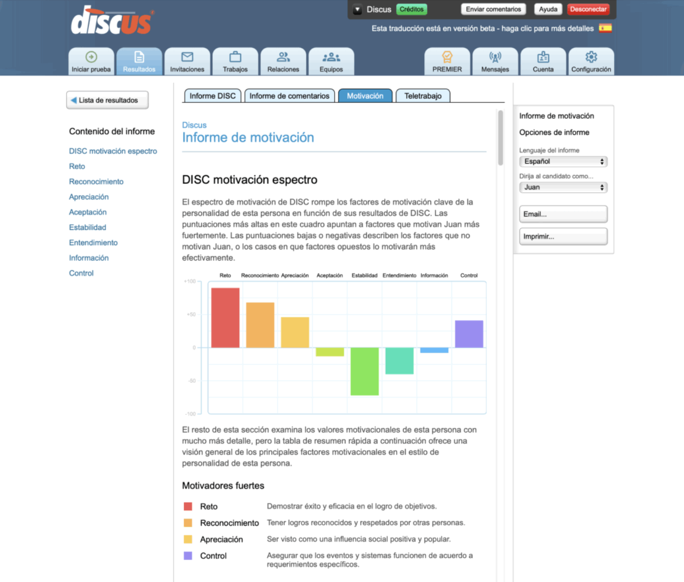 Captura de pantalla que muestra los factores de personalidad DISC que componen un informe de espectro de motivación