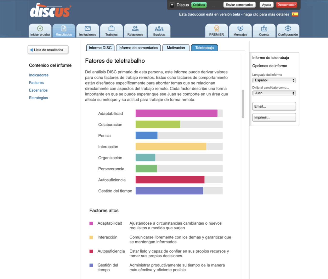 Captura de pantalla que muestra un análisis del perfil DISC para teletrabajo, trabajo remoto y desde casa