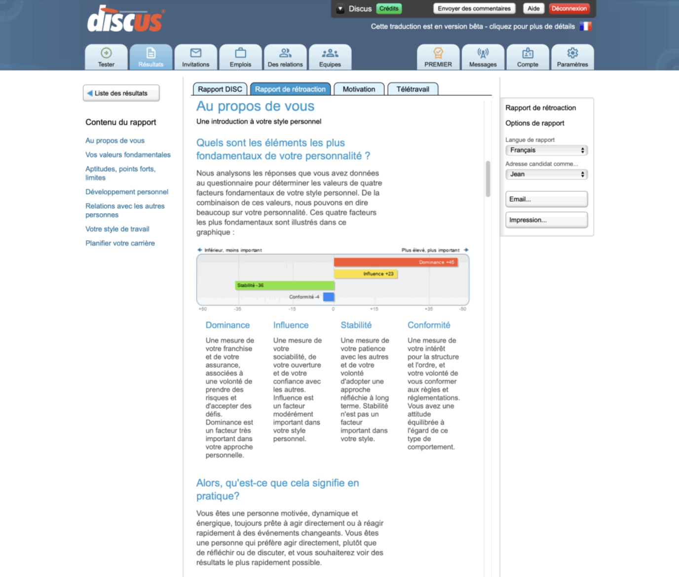 Capture d'écran montrant un rapport de commentaires DISC créé pour donner à un candidat des commentaires sur ses propres résultats DISC