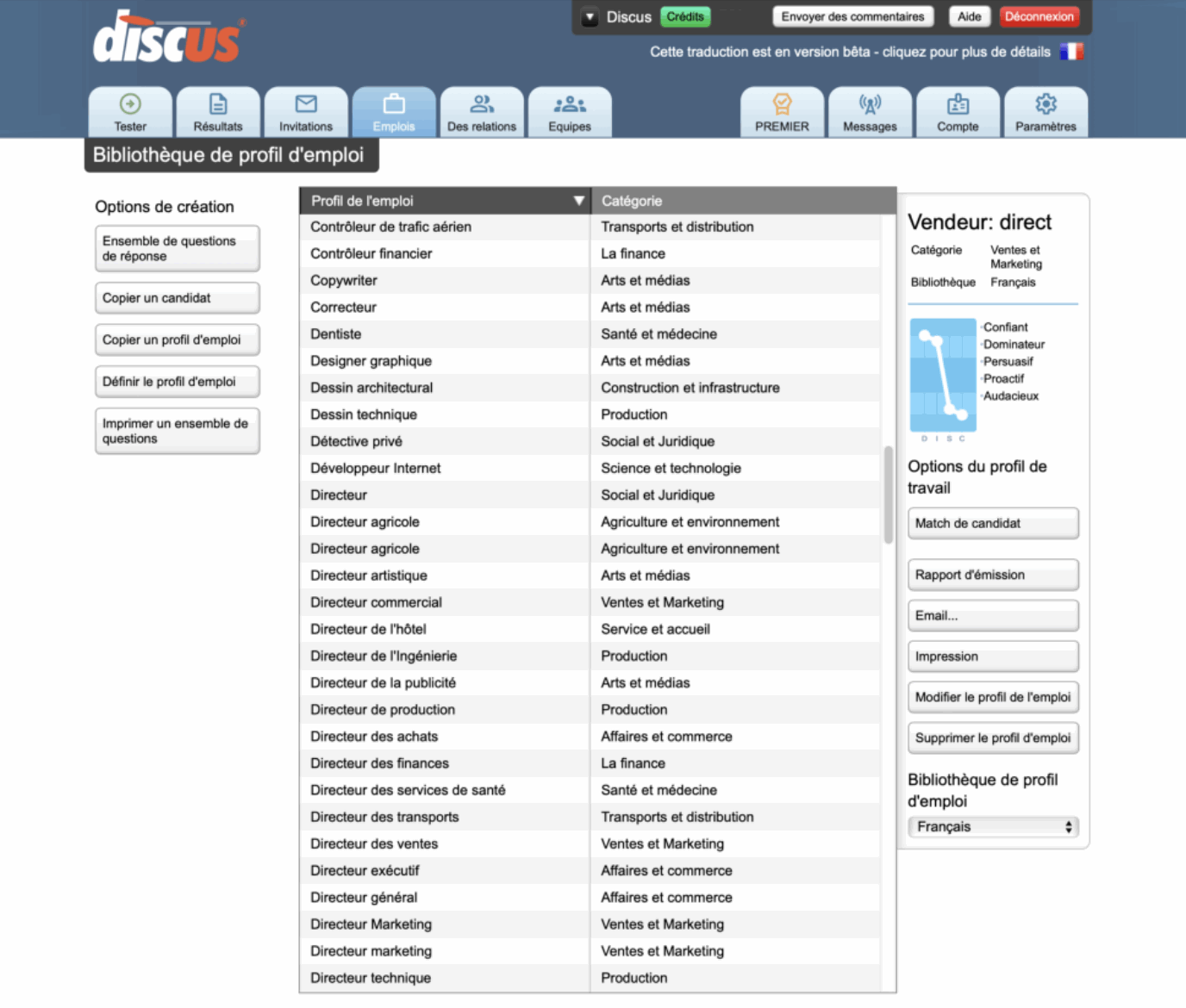 Capture d'écran montrant une bibliothèque de tâches disponibles pour correspondre à un profil DISC