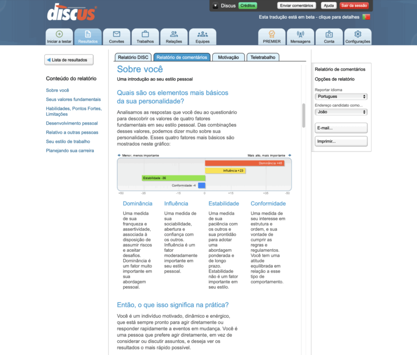 Captura de tela mostrando um relatório de comentários DISC criado para fornecer feedback a um candidato sobre seus próprios resultados DISC