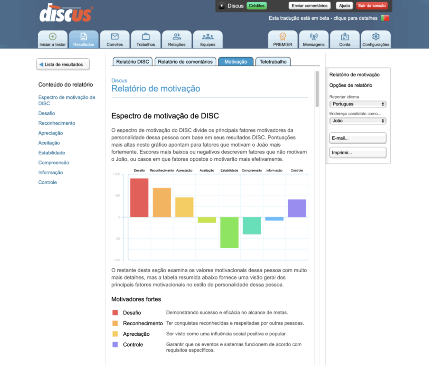 Captura de tela mostrando os fatores de personalidade DISC que compõem um relatório do Espectro de Motivação
