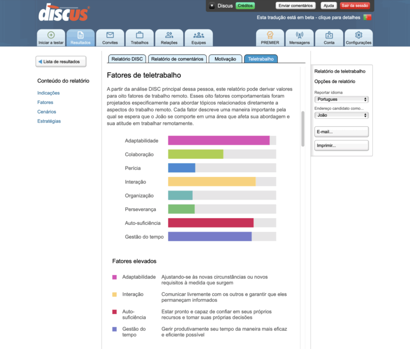 Captura de tela mostrando uma análise de perfil DISC para teletrabalho, trabalho remoto e em casa