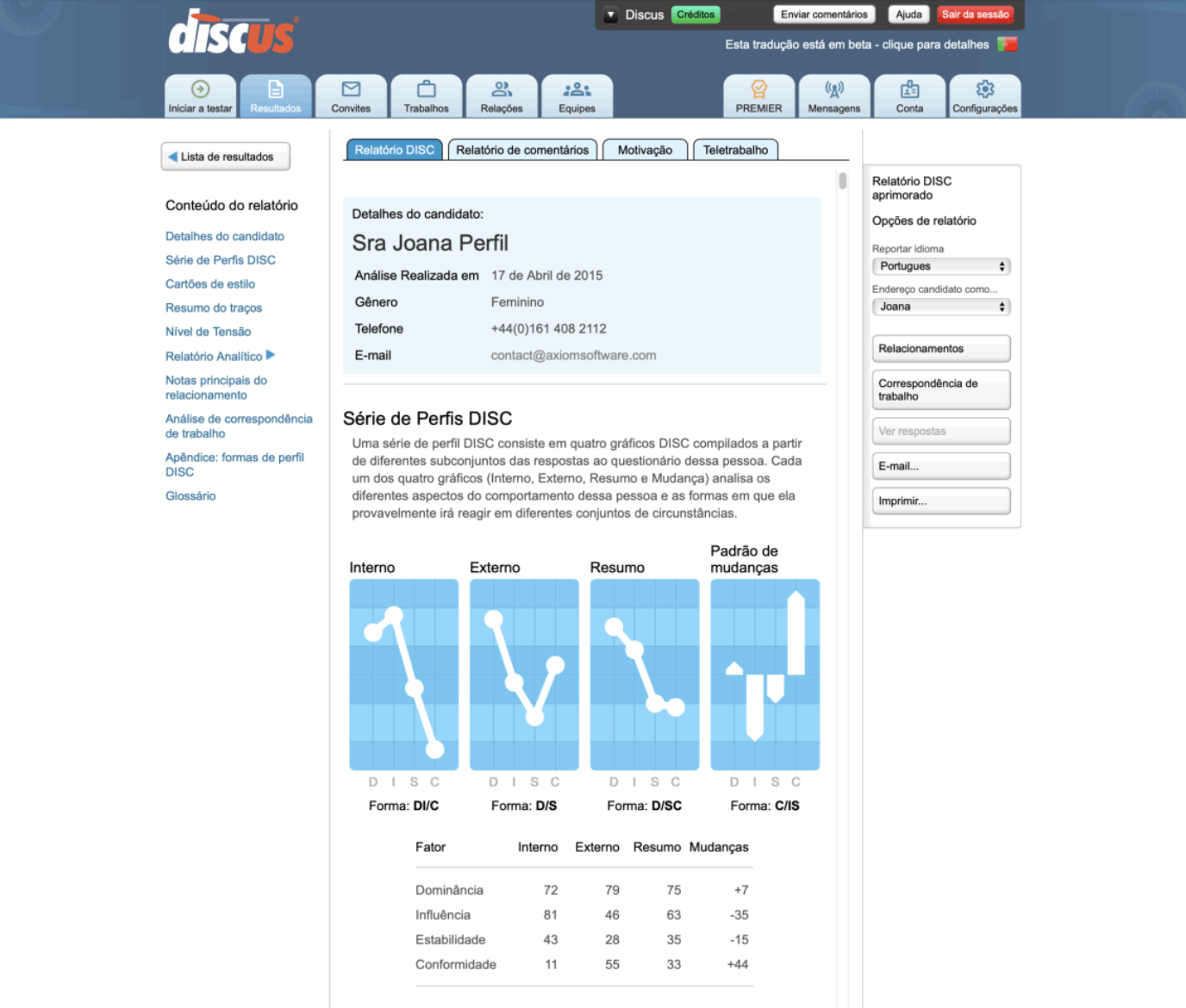 Captura de tela mostrando um relatório DISC, começando com uma série de gráficos de perfil DISC