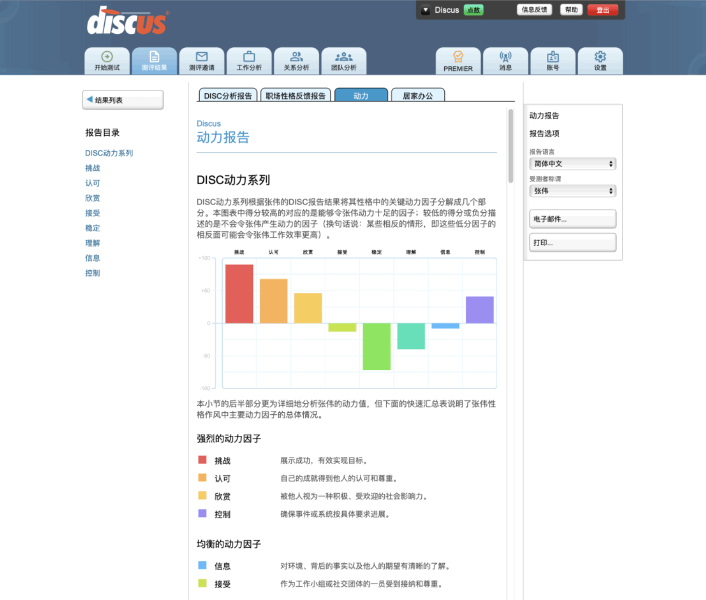 显示构成动机谱报告的 DISC 人格因素的屏幕截图