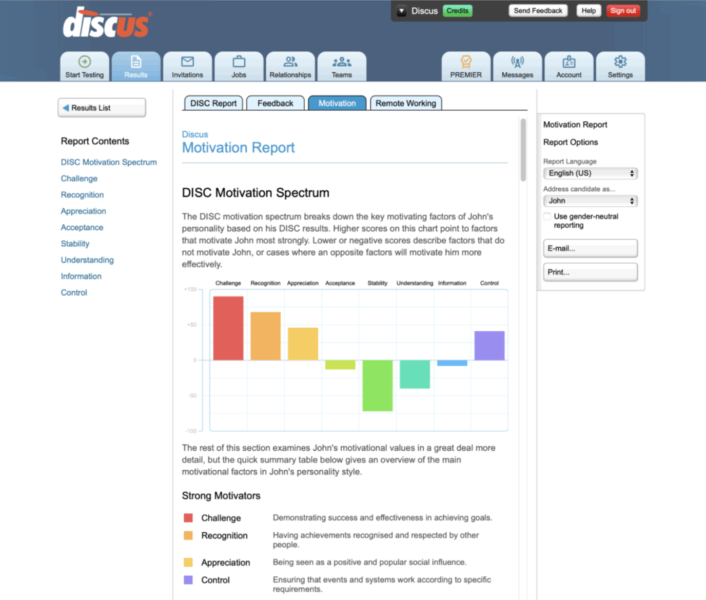 Screenshot showing a Discus Motivation Spectrum report viewed through a Web browser