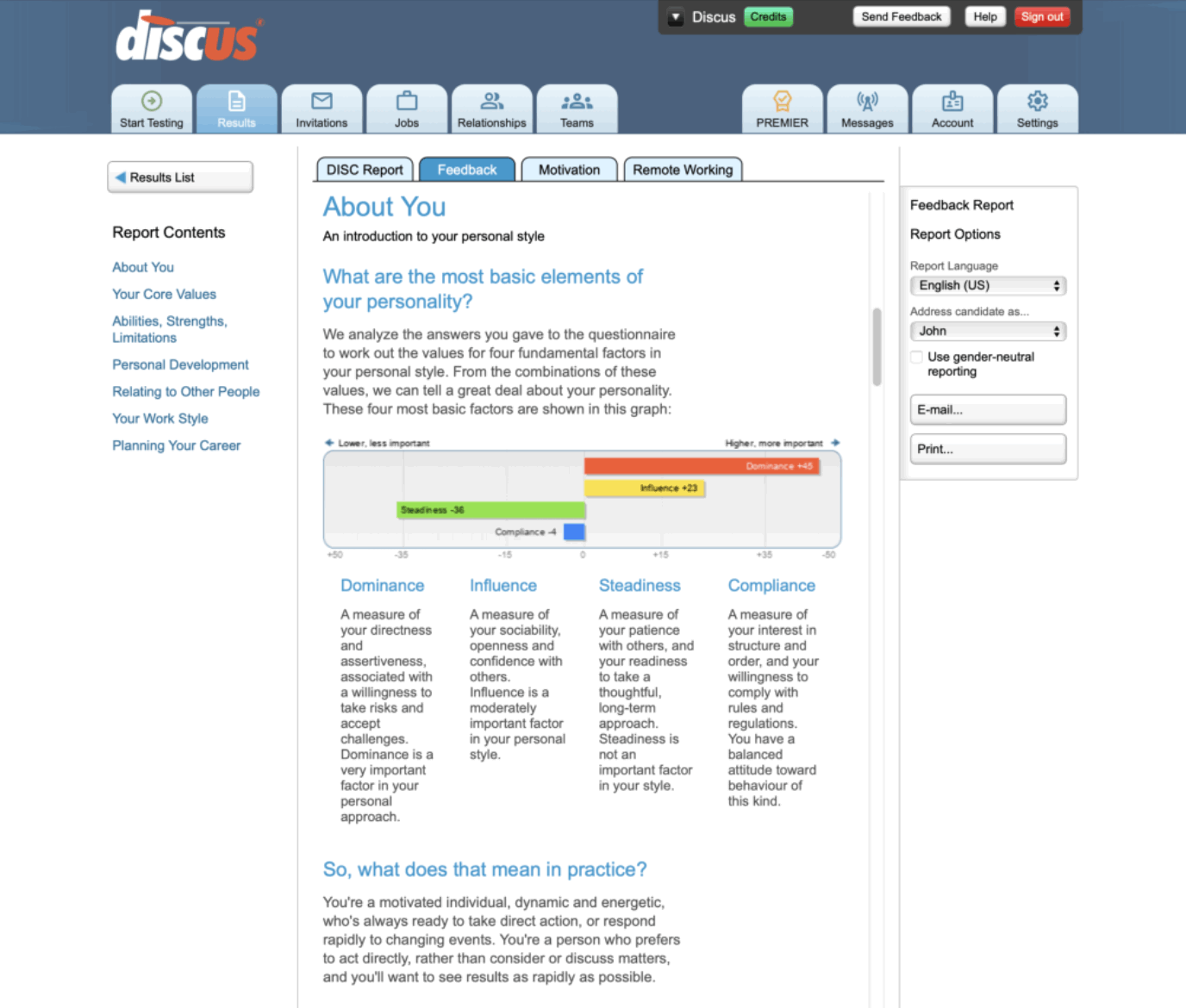 Screenshot showing a Discus Feedback Report viewed through a Web browser